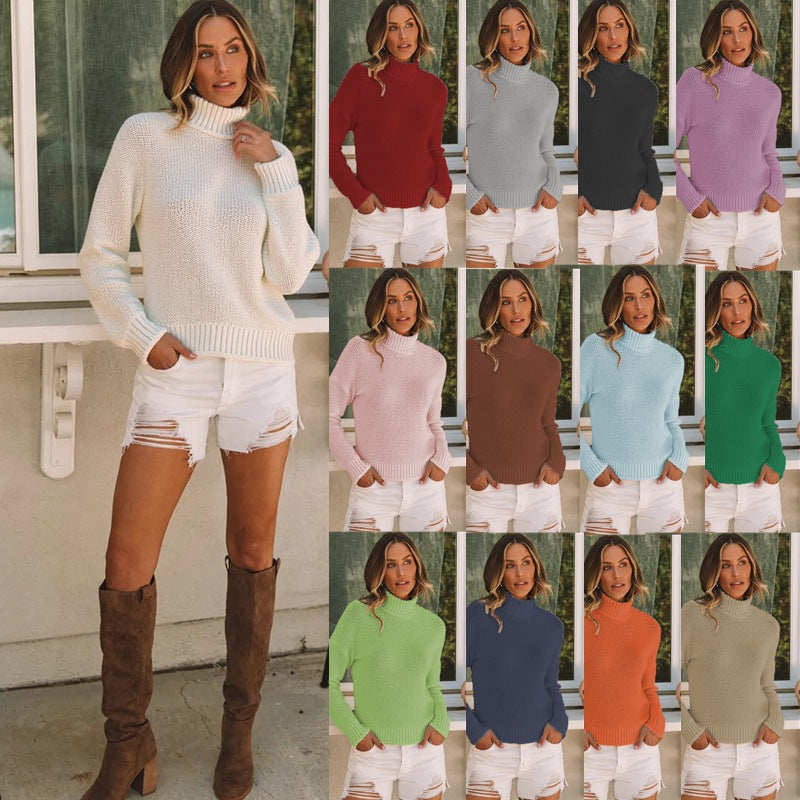 Women's Knitted Solid Color High Collar Loose Long Women's Sweater