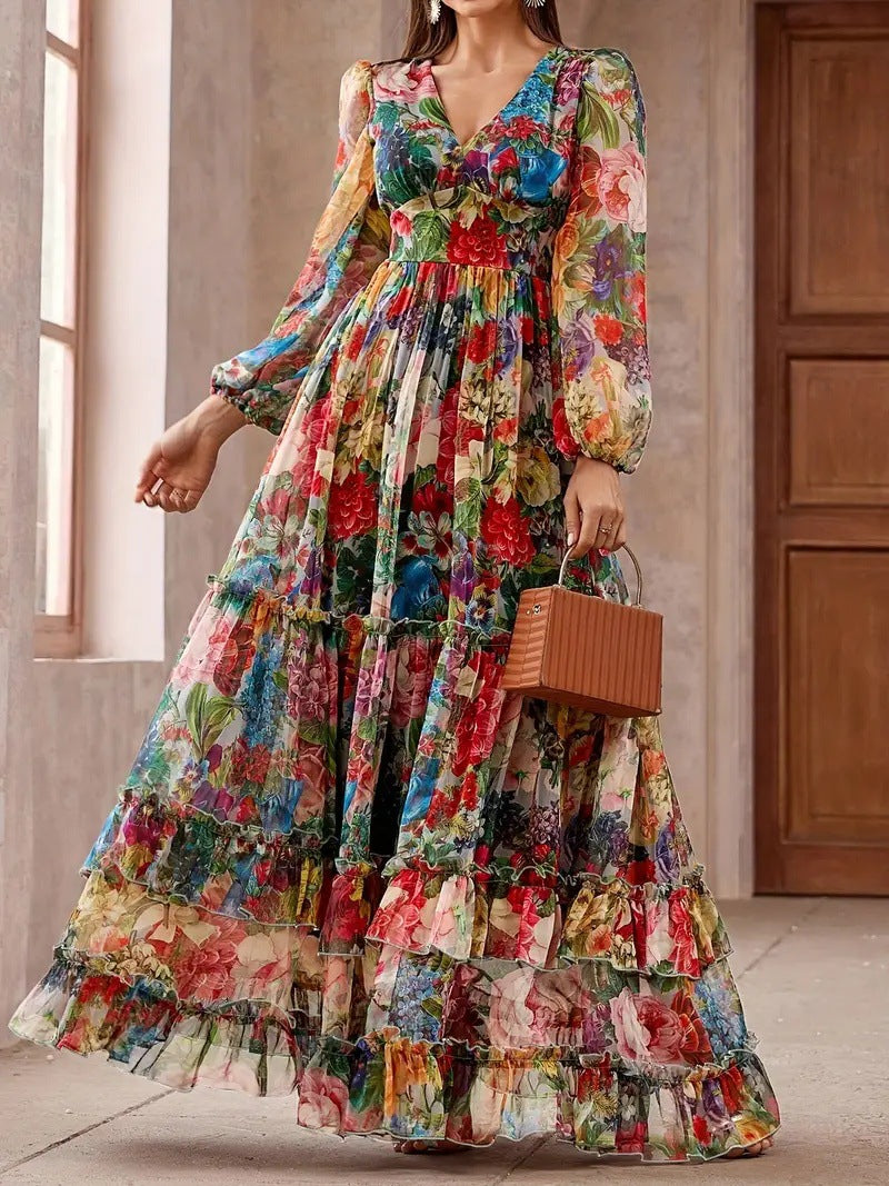 Style Retro Stand Collar Single-breasted Printed Wide Swing Dress