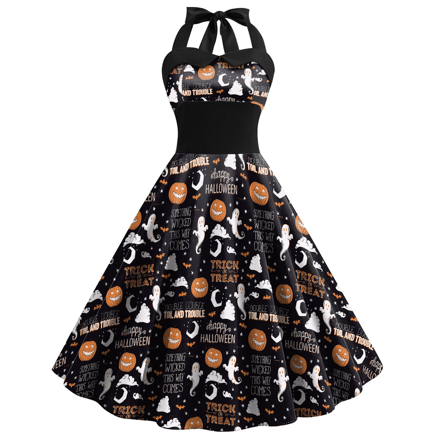 Women's Skull Cobweb Printed Tied Shoulder Strap High-waisted Dress
