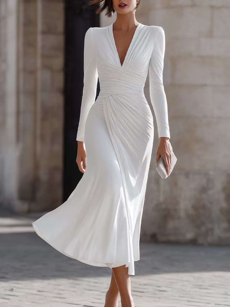 Women's Crimp Irregular Solid Color Long Sleeve Dress