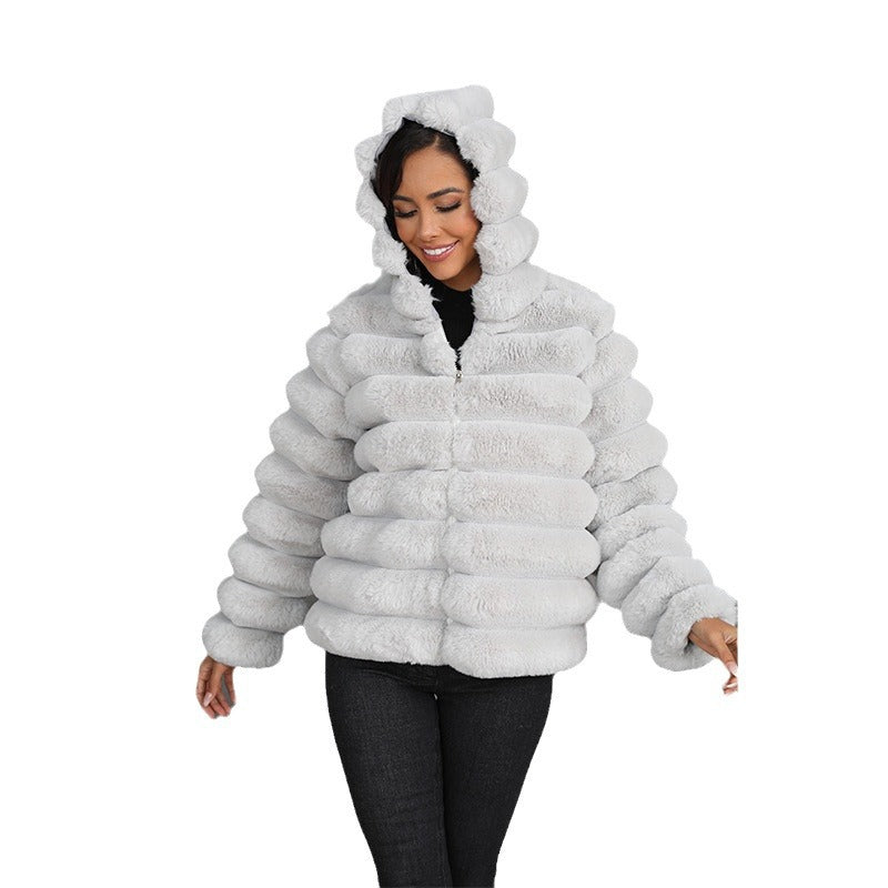 Women's Striped Hooded Imitation Fur Cropped Plush Coats