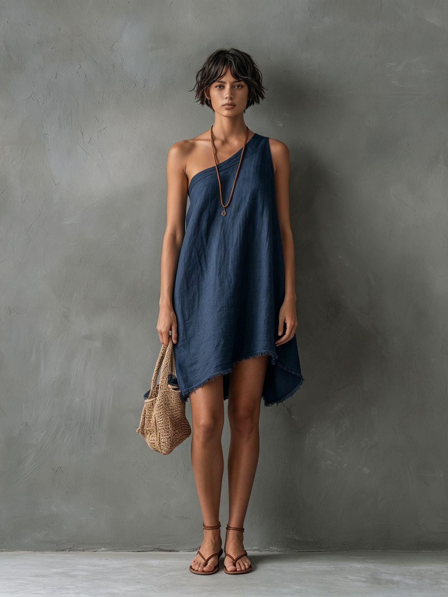 Women's Minimalist Linen Blend Shoulder Sleeveless Frayed Dress