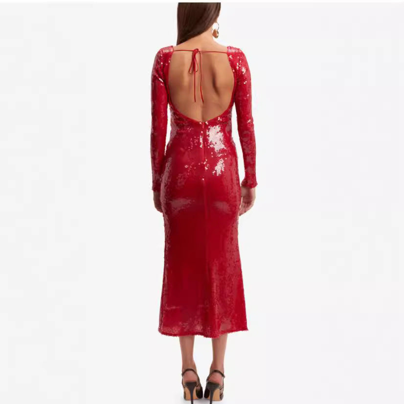 Sequined Long Sleeve Dress Sexy Backless Dresses
