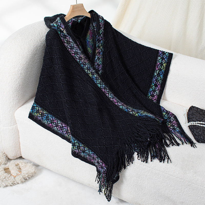 Women's Ethnic Style Knitted Hooded Tassel Cape Women's Sweater