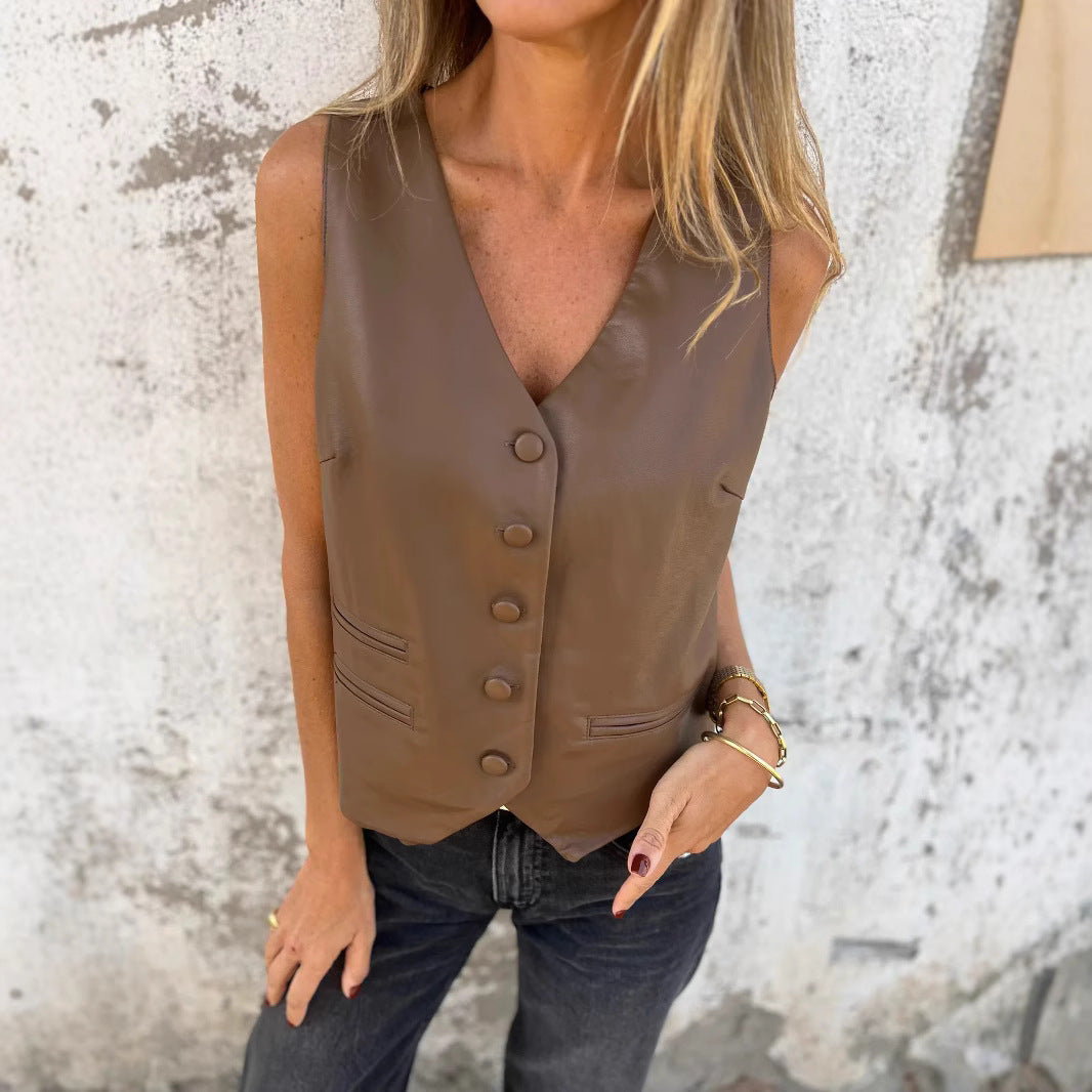 Women's Fashion Temperament Pure Color Button Vests