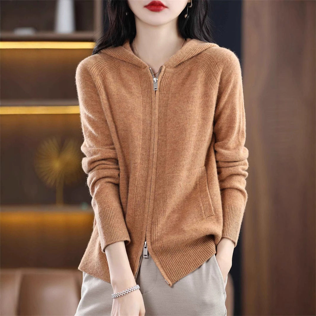 Women's Elegant Double Zipper Hooded Solid Color Sweater
