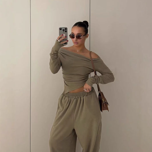 Autumn Asymmetric Hem Long T-shirt Trousers Suits