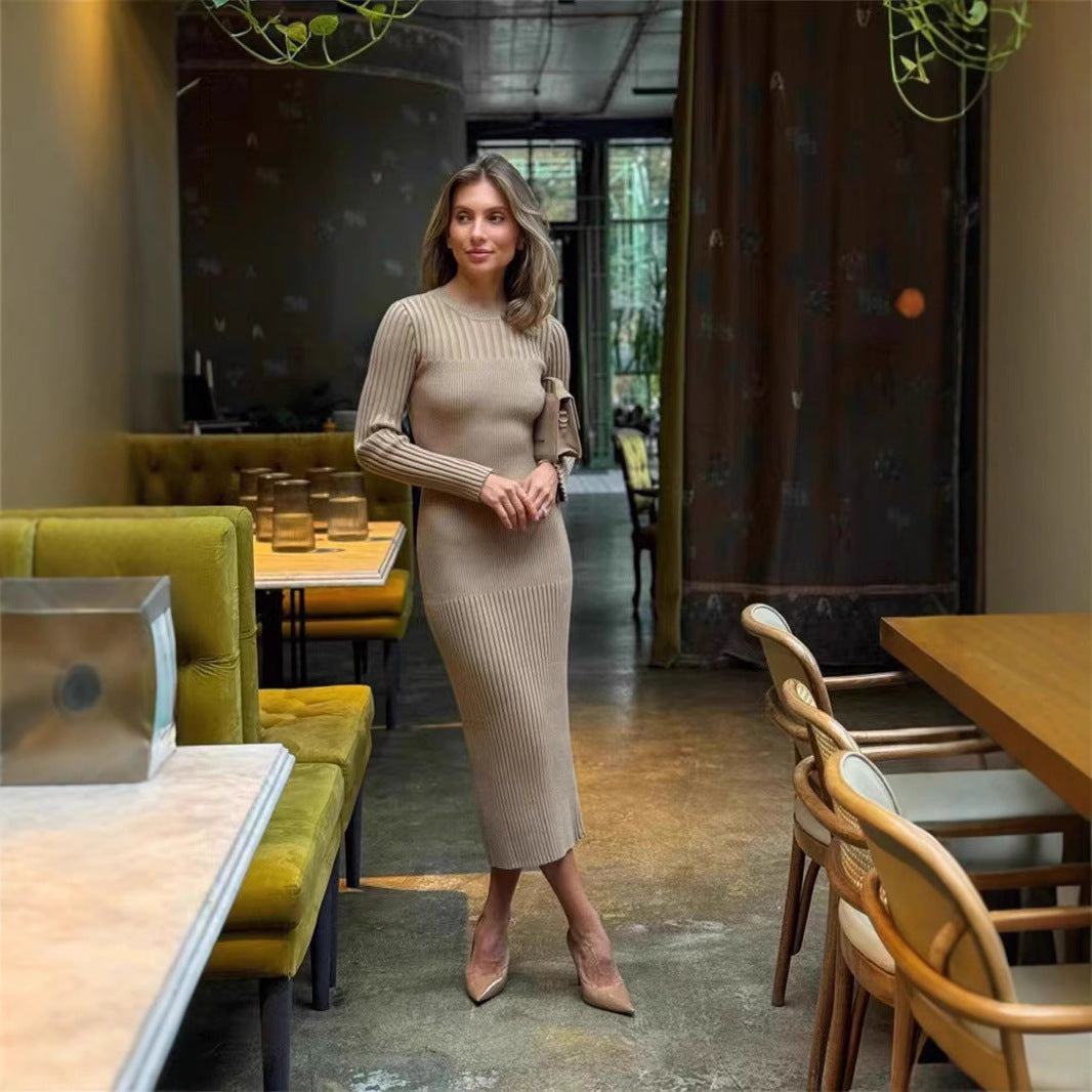 Women's Long Sleeve Dress Knitted Round Neck Sunken Stripe Dresses