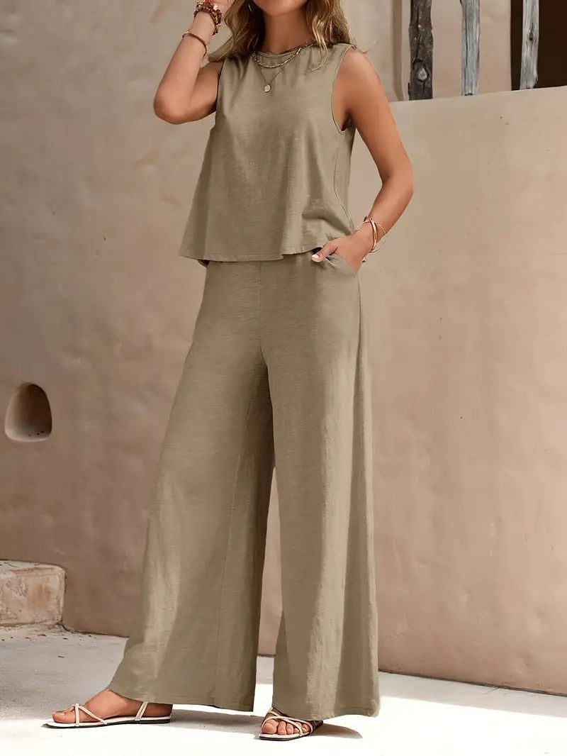 Women's Round Neck Wide Leg Cotton Linen Fashion Casual Suit