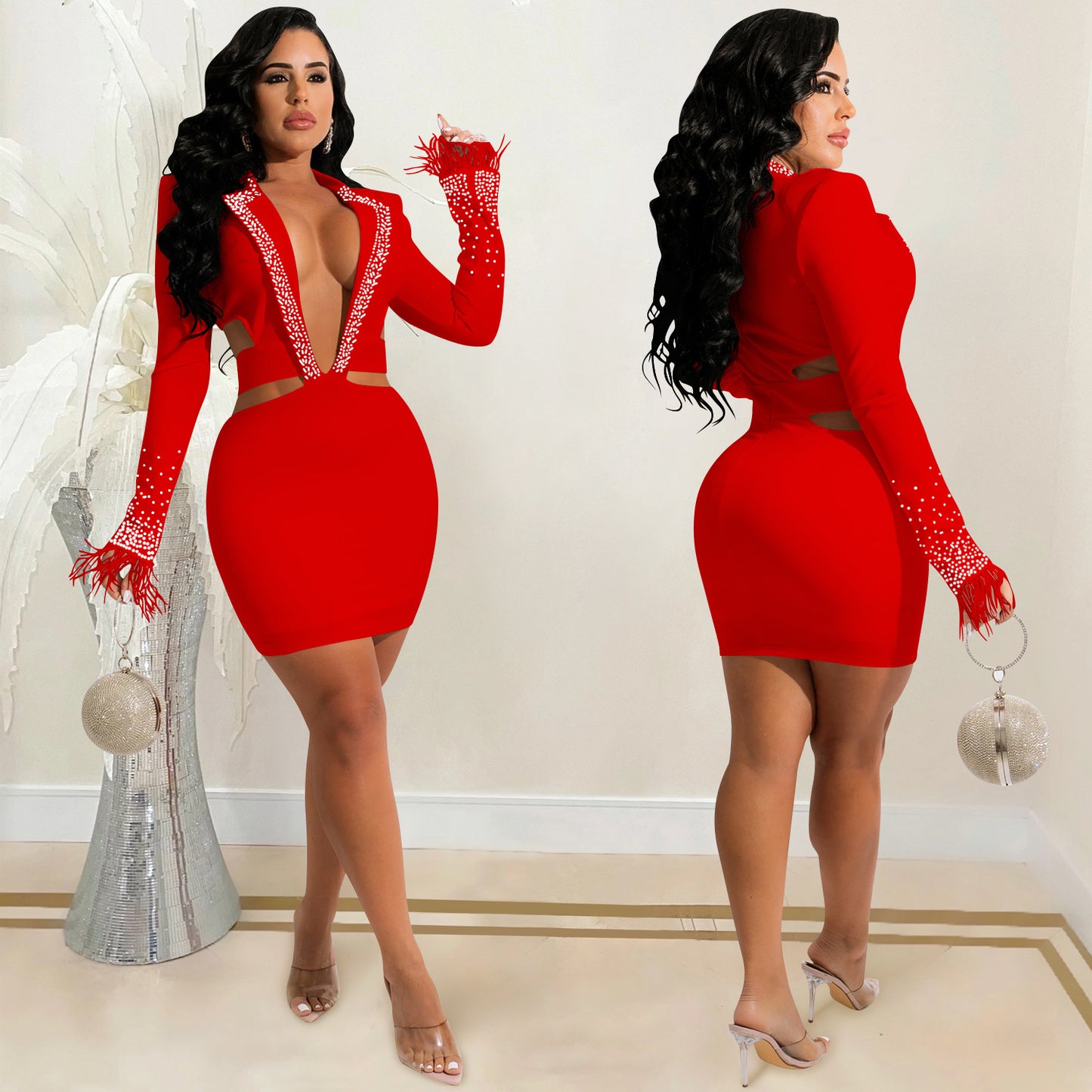 Nightclub Rhinestone Lapel Hollow Long Sleeve Dresses