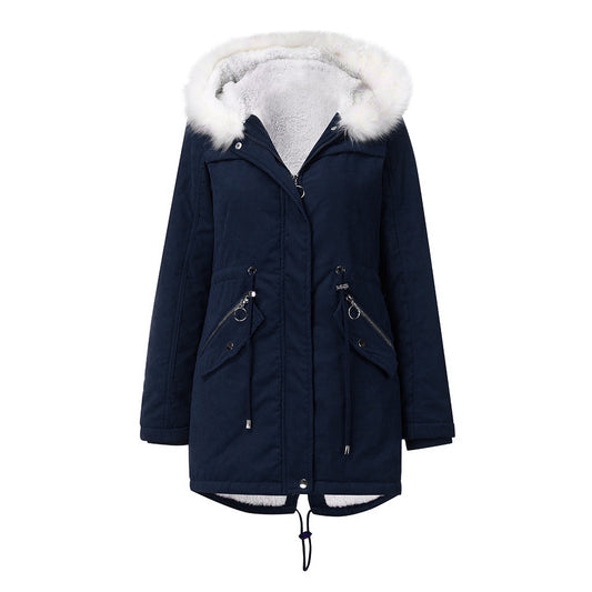 Women's Fur Collar Parka Mid-length Hooded Winter Warm Veet Woman Coats