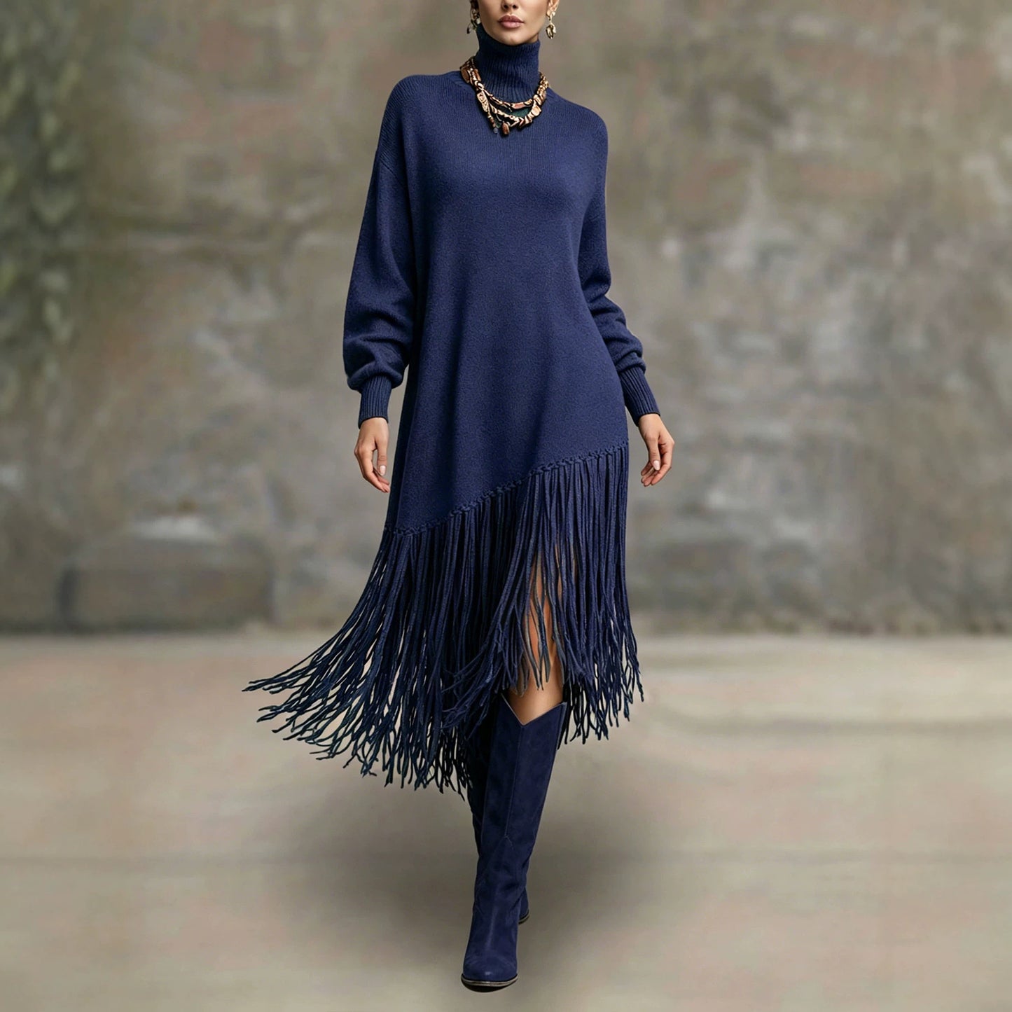Women's Bohemian Long Fringe Design Solid Color Mature Dress
