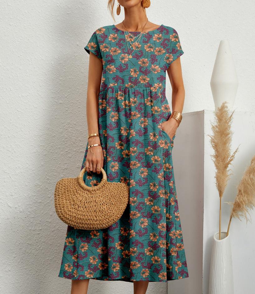 Women's Cotton Linen Sleeveless Round Neck Printed Dresses