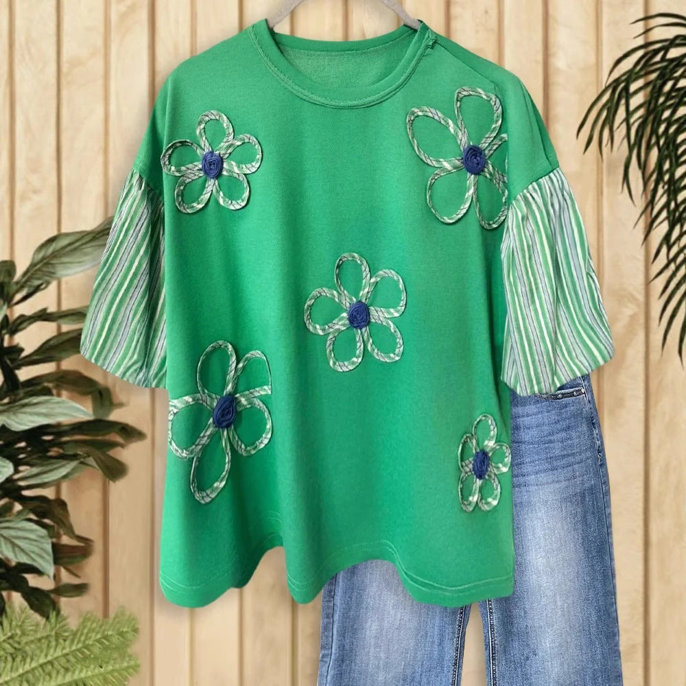 Mid-length T-shirt Summer Fashion Three-dimensional Flower Blouses