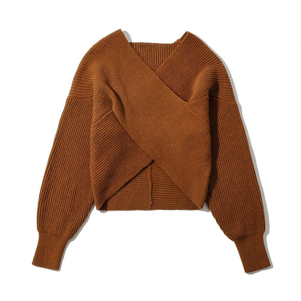 Solid Color Sexy Cross Cropped Long-sleeved Knitted Sweater