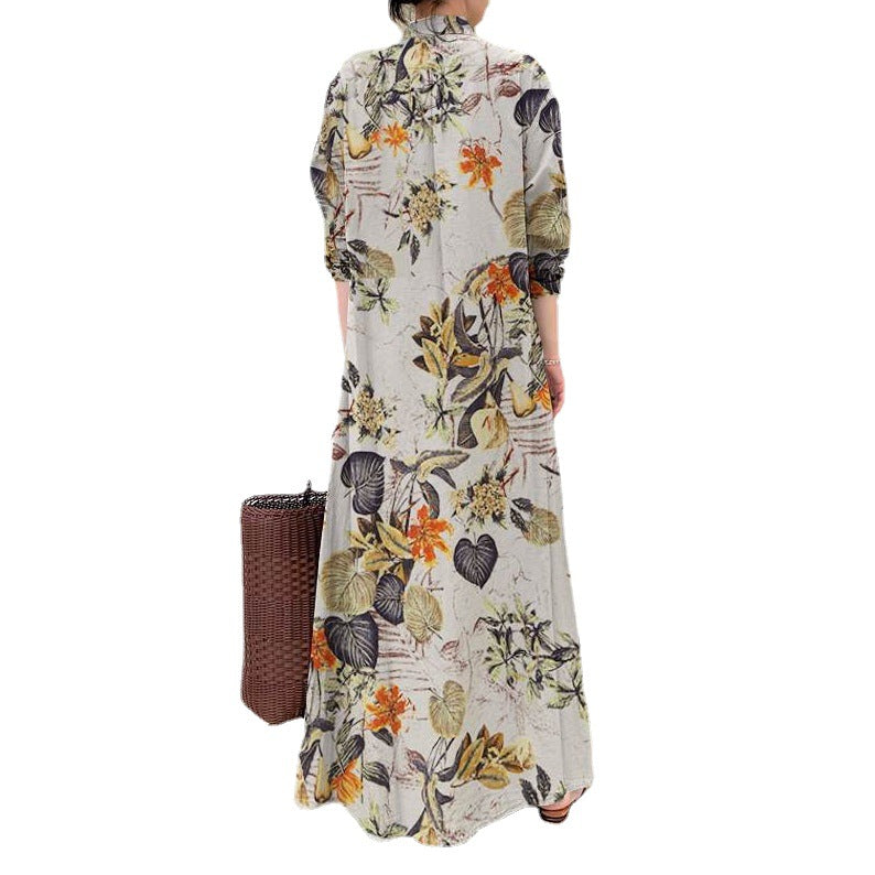 Style Cotton Linen Printing Lapel Long Sleeve Pocket Simple Dress