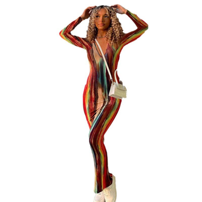 Women's Large-sized Printed Long Sleeve Close-fitting Sexy Dress