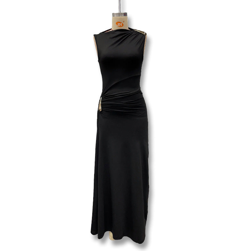 Women's Fashion Solid Color Round Neck Metal Decorative Twist Sleeveless Slim Dress