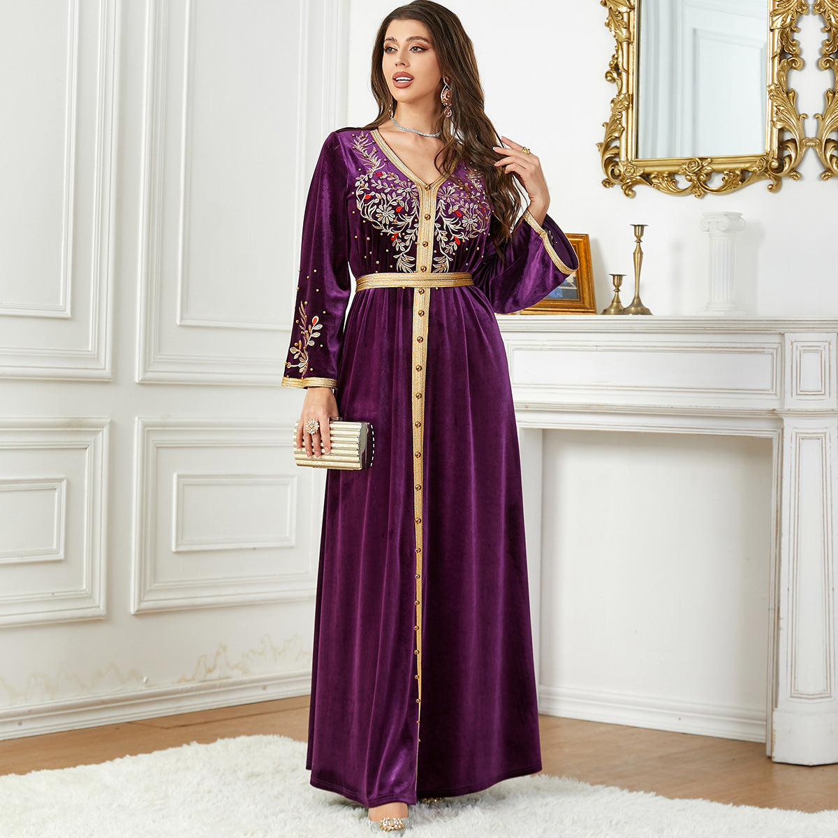 Women's Fashion Embroidery Beaded Veet Dress Arabic Dresses