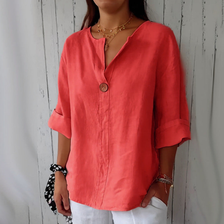 Women's Summer Loose T-shirt Cotton Linen Button Blouses
