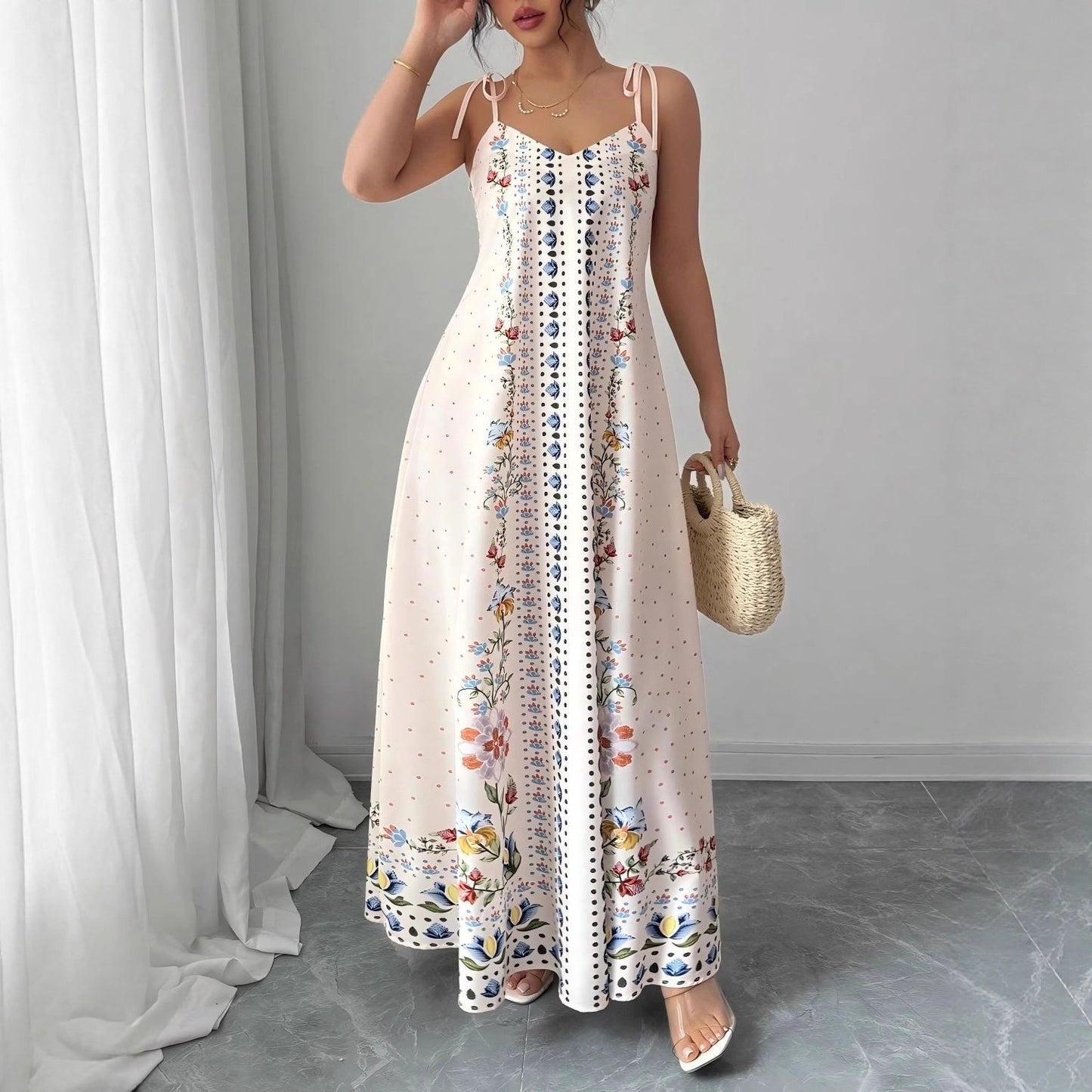 Women's Elegant Beautiful Flowers Print Featured Spaghetti Strap Dress