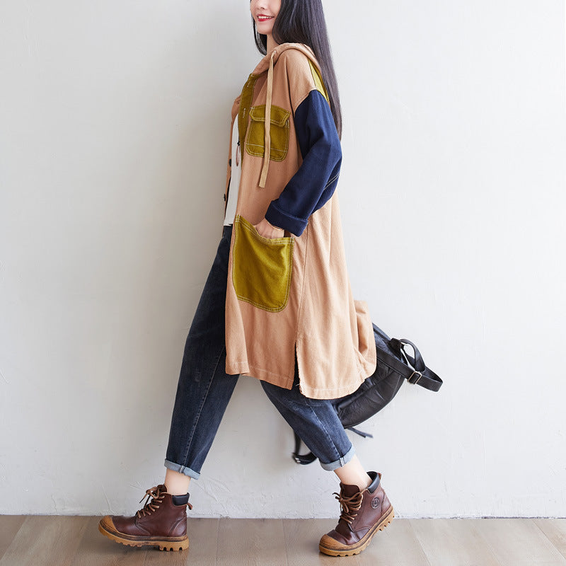 Personality Mid-length Hooded Loose Large Contrast Coats