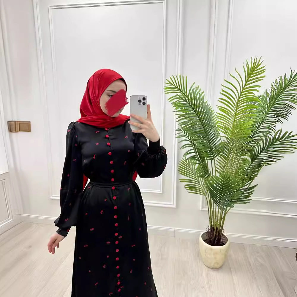Women's Dress Muslim Style Fashion Print Belt Dresses