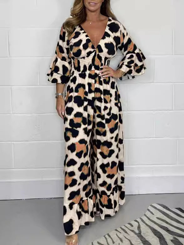 Women's Fashion Leopard Print Printed Casual Elastic Jumpsuits