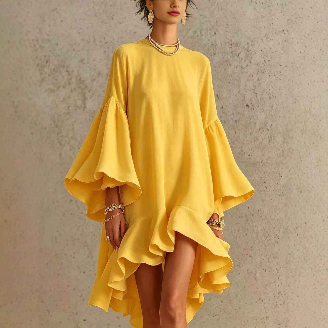 Color Round Neck Large Bell Sleeve Ruffled Dress