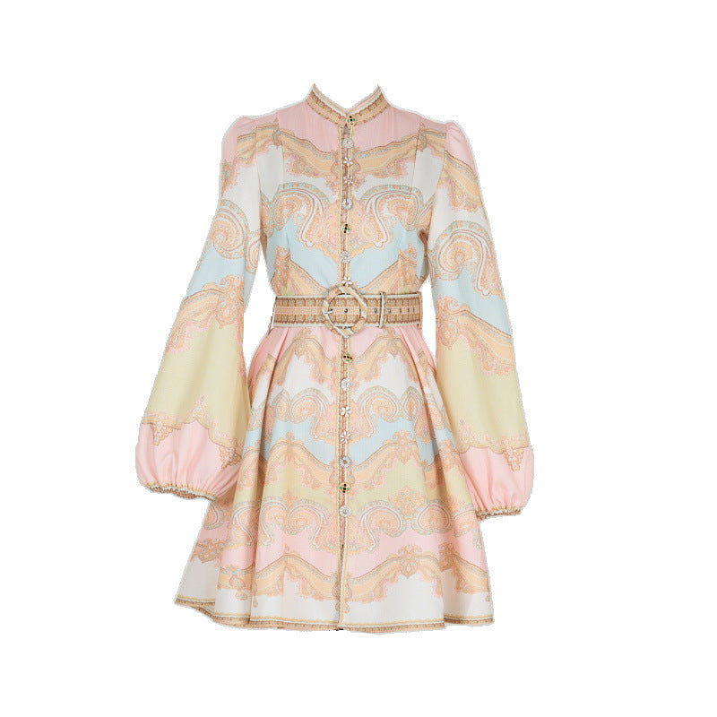 Design High Version Single-breasted Stand-up Collar Puff Sleeve Dresses