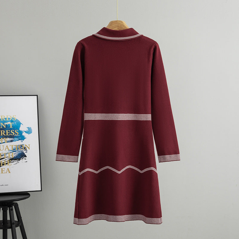 Women's Classic Style Knitted Collar Fitted Waist Striped Mid-length Temperament Dress