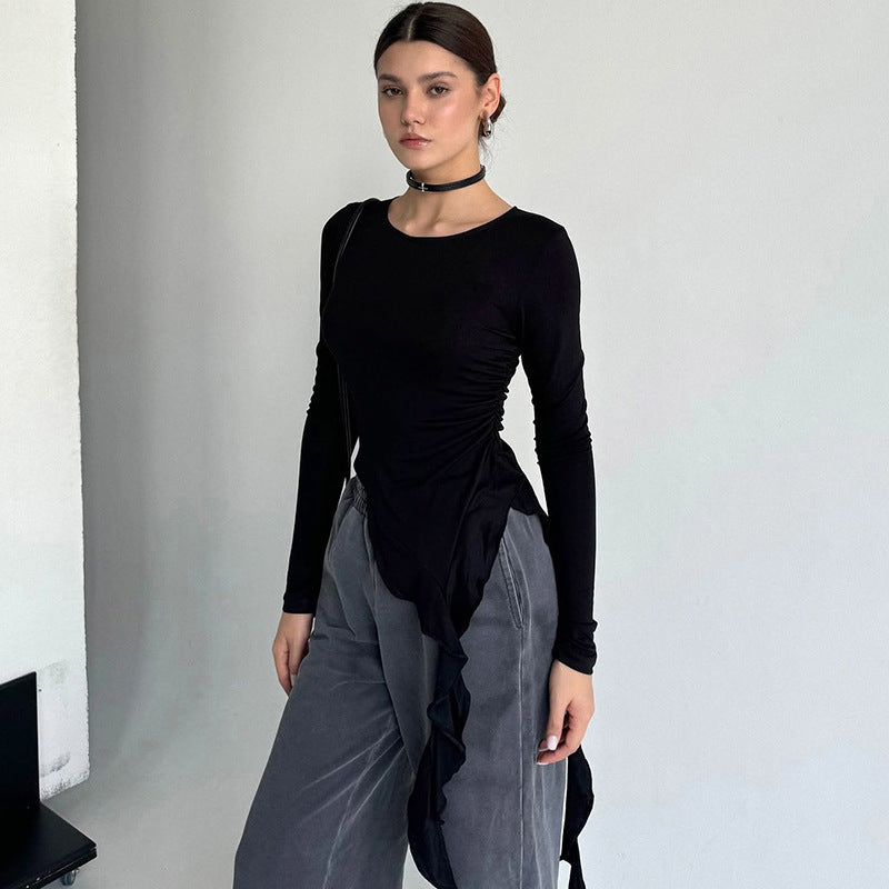Women's Autumn Solid Color Round Tie Ruffled Long-sleeved Blouses