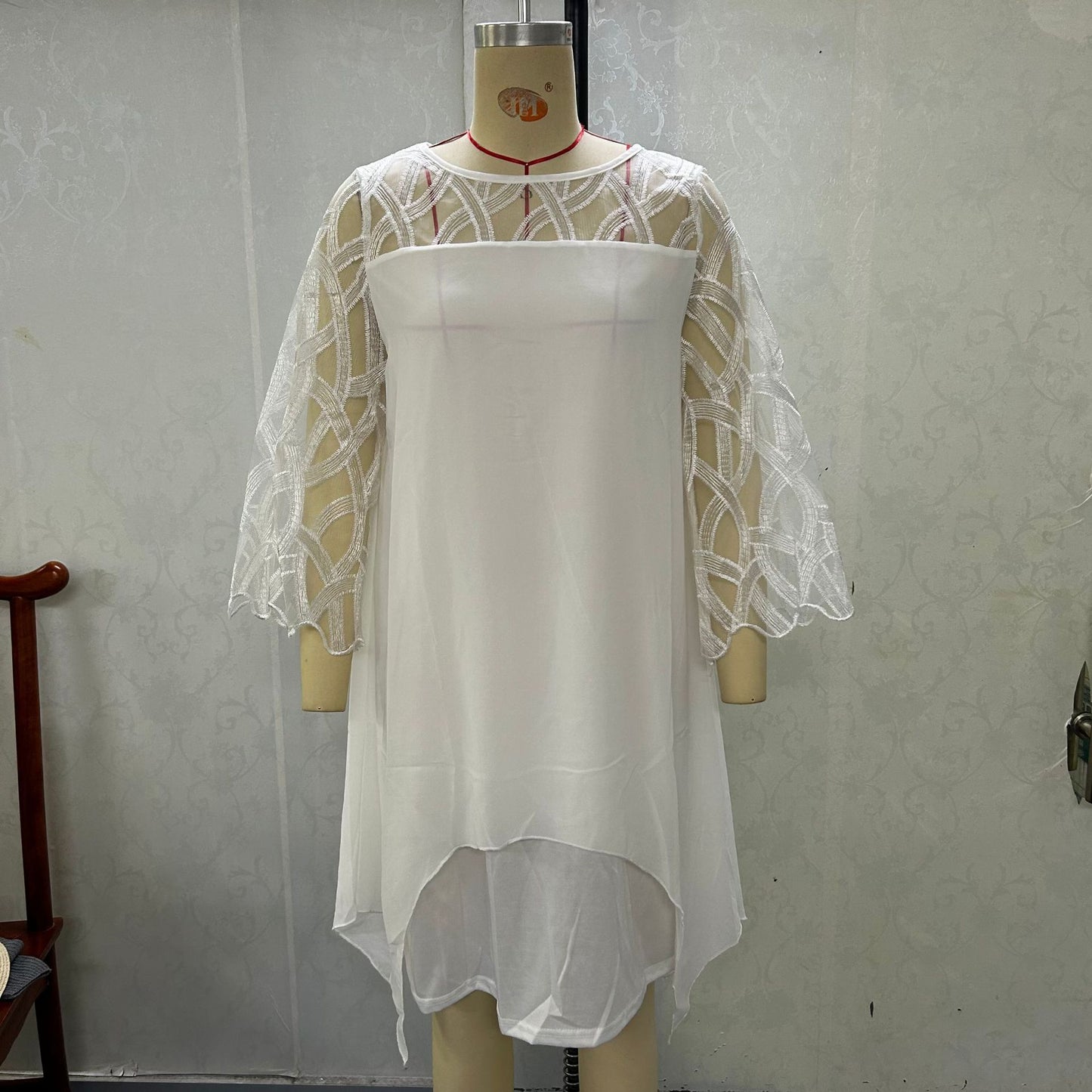 Lace Stitching Sleeve Irregular Hem Chiffon Dress