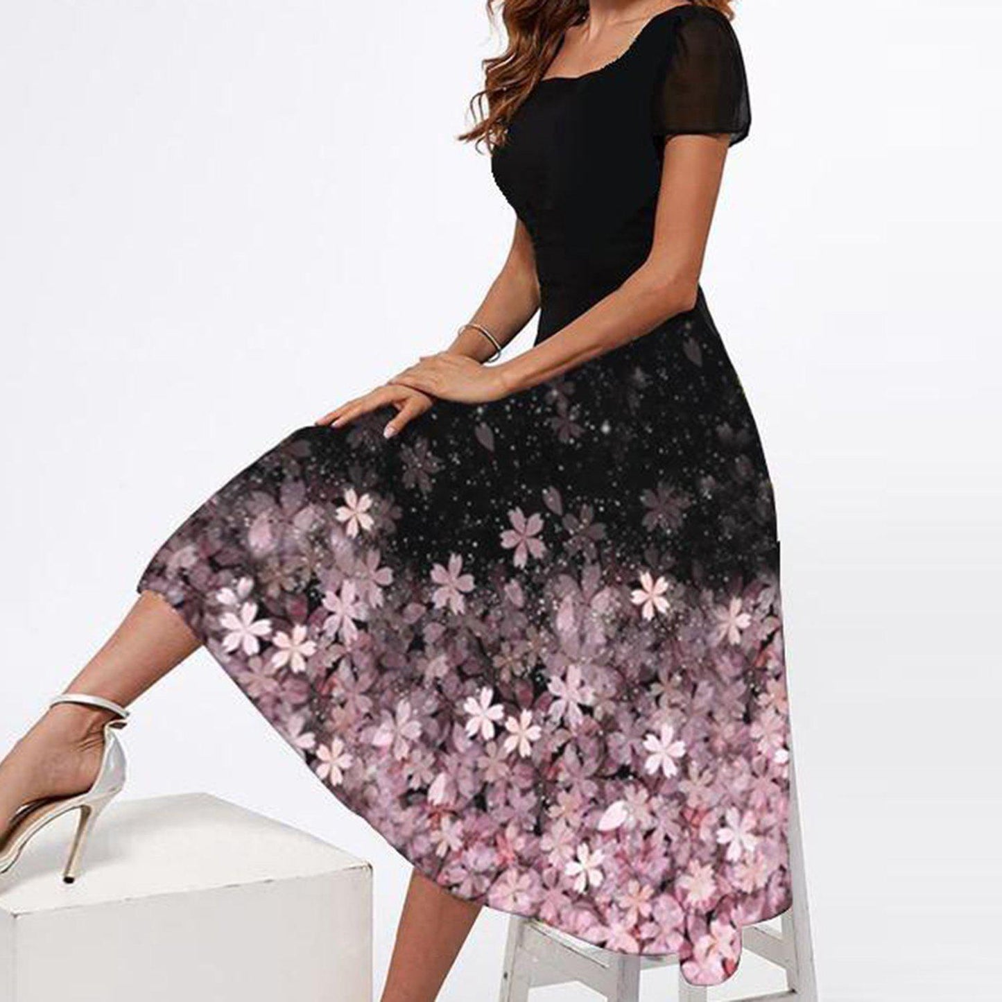 Women's Square Collar Sleeve Positioning Printed Dress Dresses