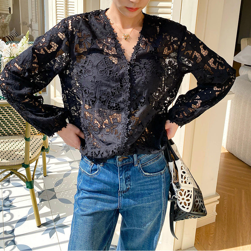 Women's Autumn Embroidery Classic Style French Shirt Long Sleeve Blouses