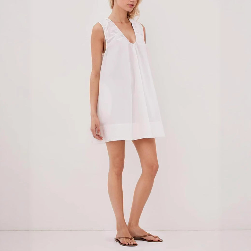 Fashionable Commuter Pleated Loose A- Line Sleeveless Solid Color Dress
