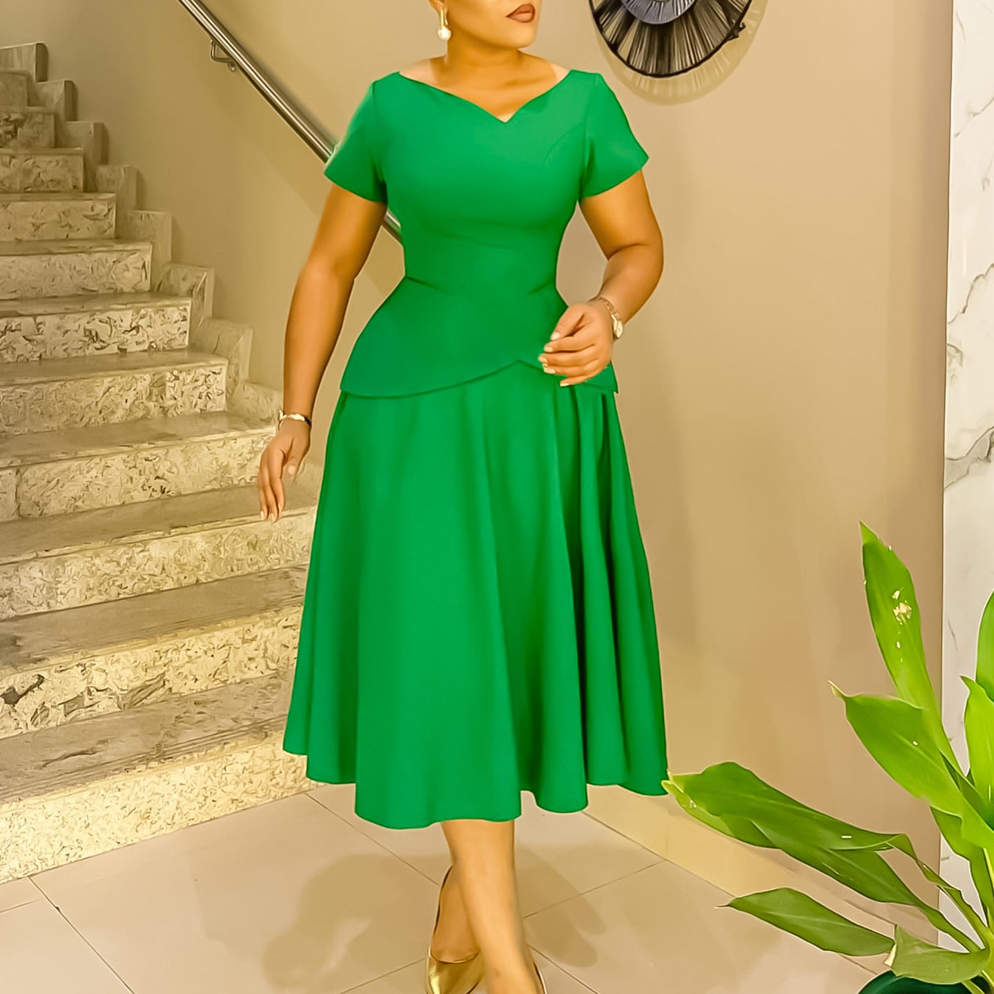 Solid Color Sleeve A- Line Large Dresses