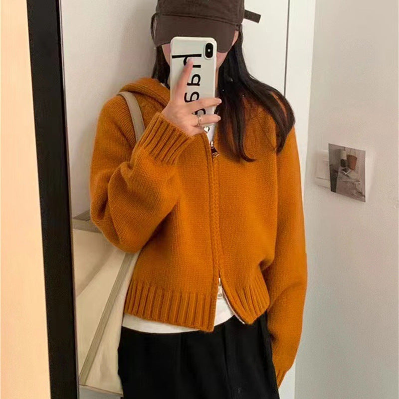Women's Idle Hooded Knit Loose High-grade Double Zipper Women's Sweater