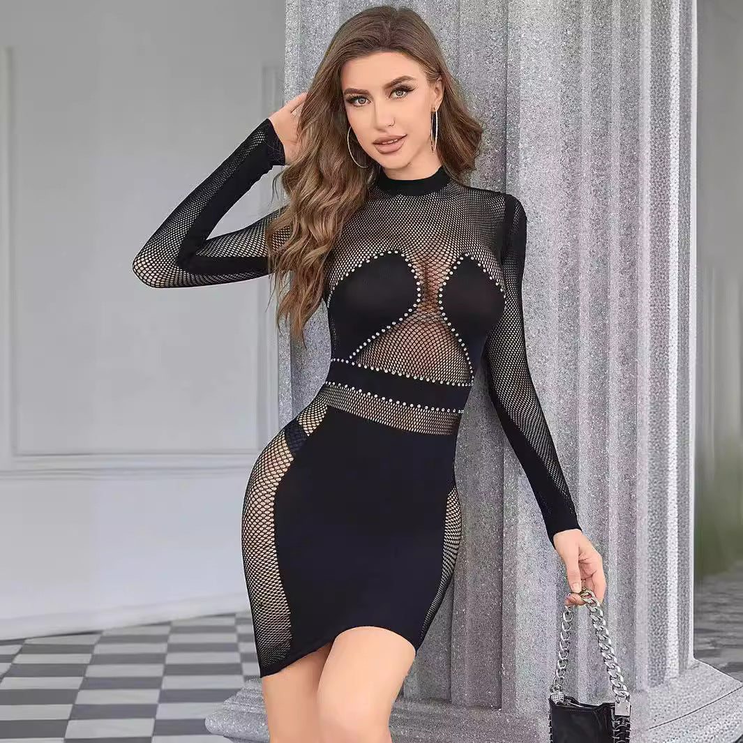 Women's Summer Solid Color Round Neck Long Sleeve Slim Sexy Dress