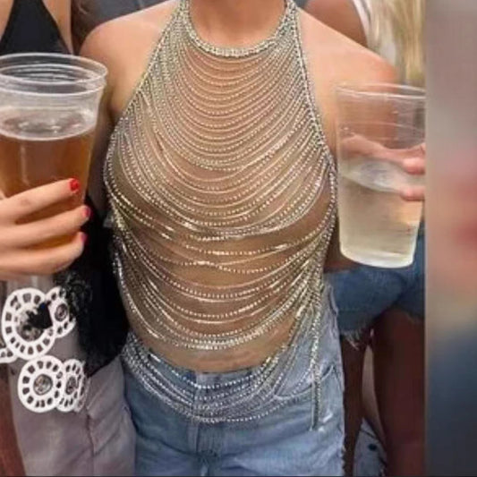 Rhinestone Inlaid Drill Chain Wave Tassel Tops