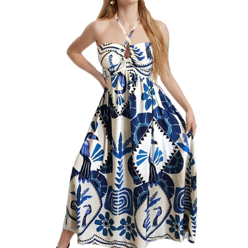 Women's Spring Elegant Printed Large Swing Halter Clothing