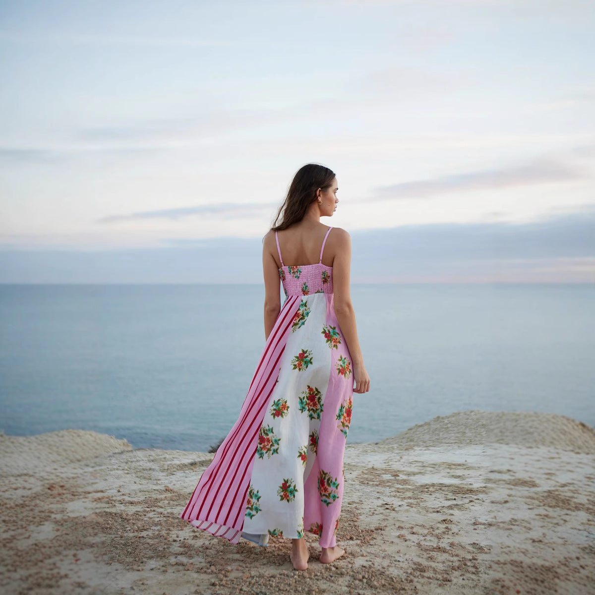 Sexy Sling Vacation Style Flower Linen Dress