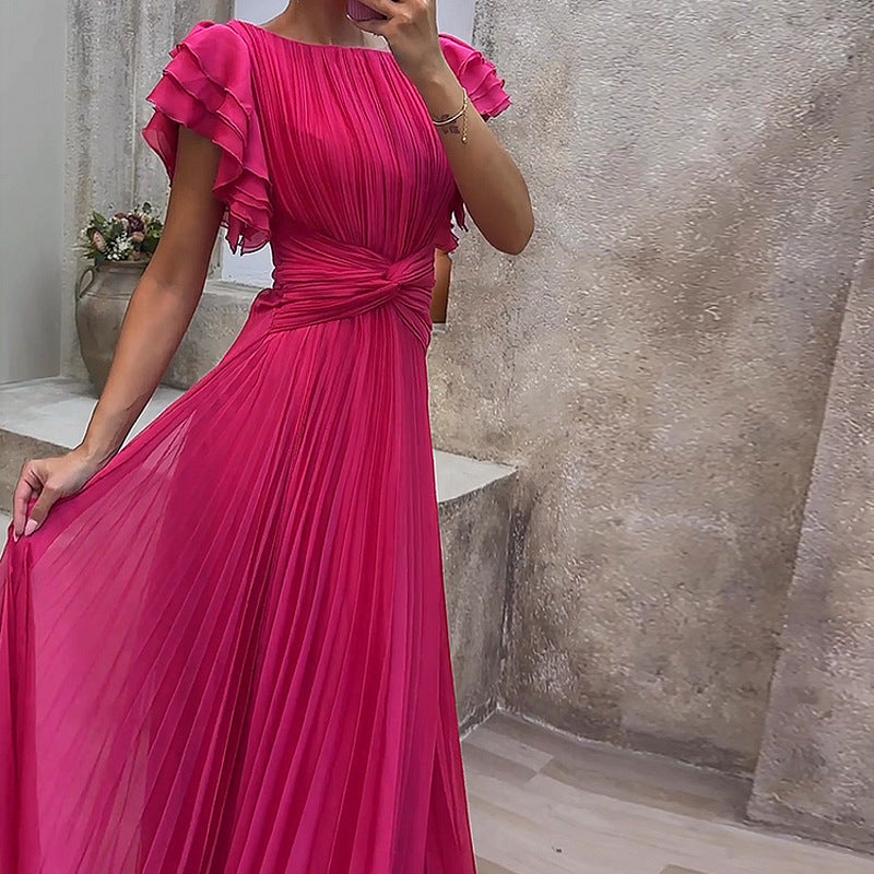 Round Neck Pleated Cross Solid Color Dresses