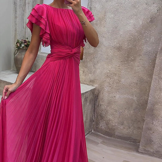 Round Neck Pleated Cross Solid Color Dresses