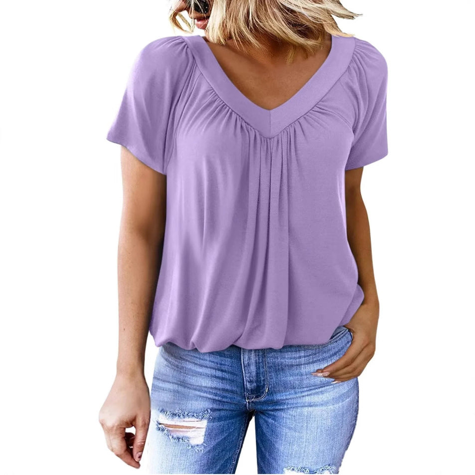 Women's Casual Pleated Solid Color Short-sleeved T-shirt Blouses