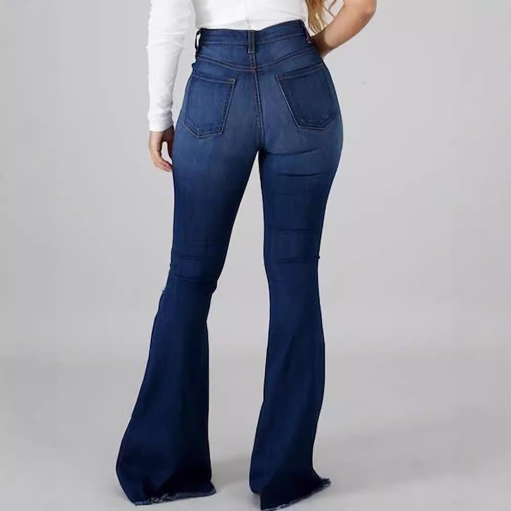 Beautiful High Elastic Ripped Waist Flared Jeans