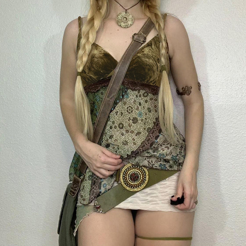 Women's Printed Irregular Camisole Niche Wooden Ear Tops
