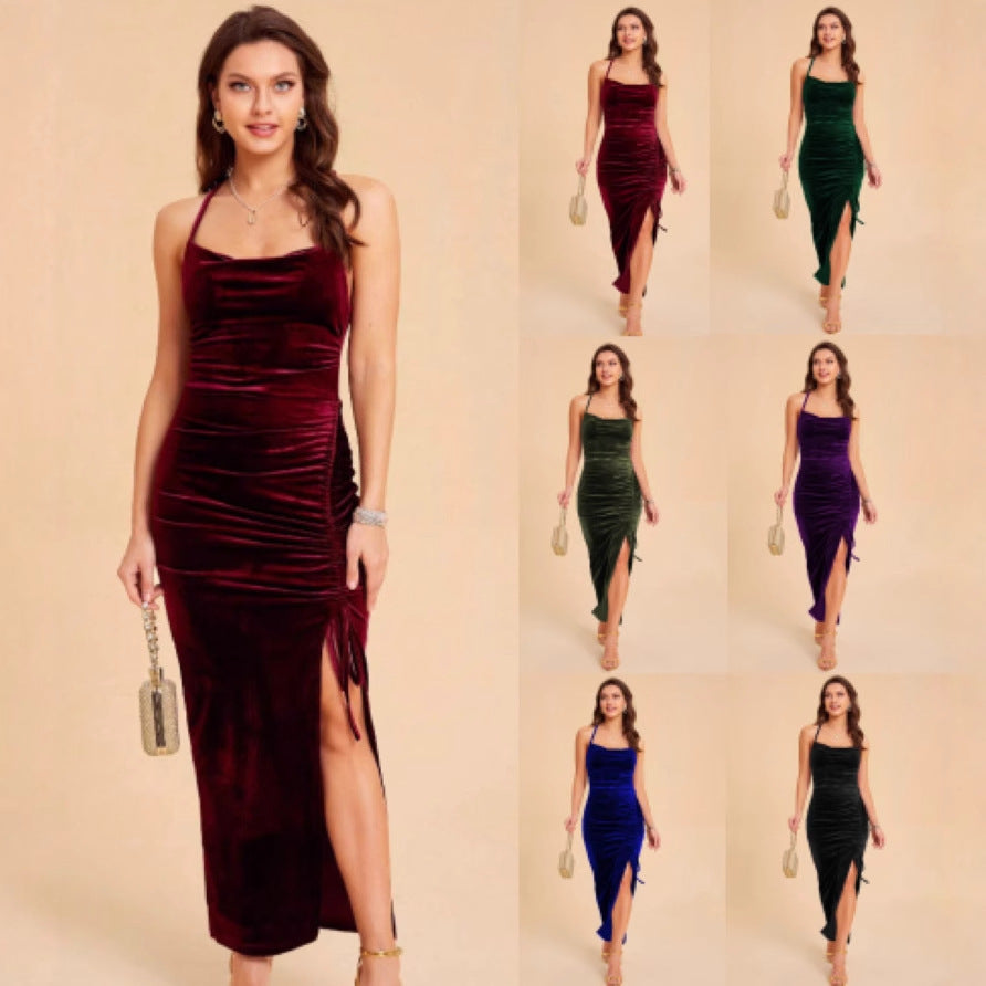 Women's Summer Fashion Wear Elegant Slit Pleated Veet Dress