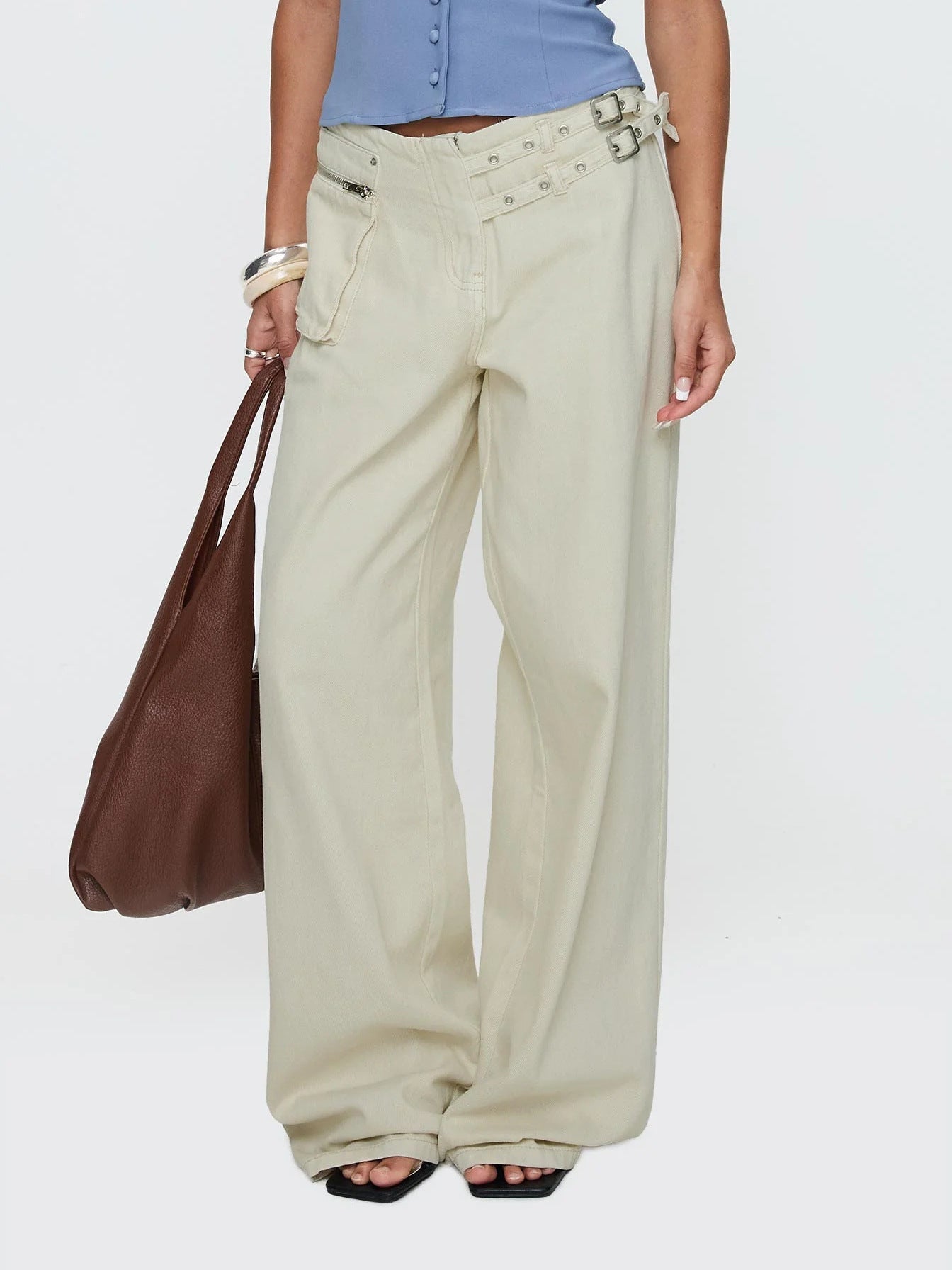 Women's Personality Street Adjustable Buckle Waist Side Pocket Detail Pants