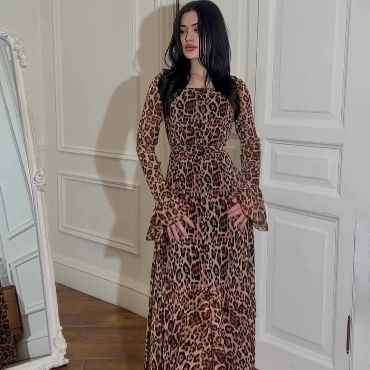 Spring Chiffon Leopard Print Ruffle Sleeve Temperament Long Dresses